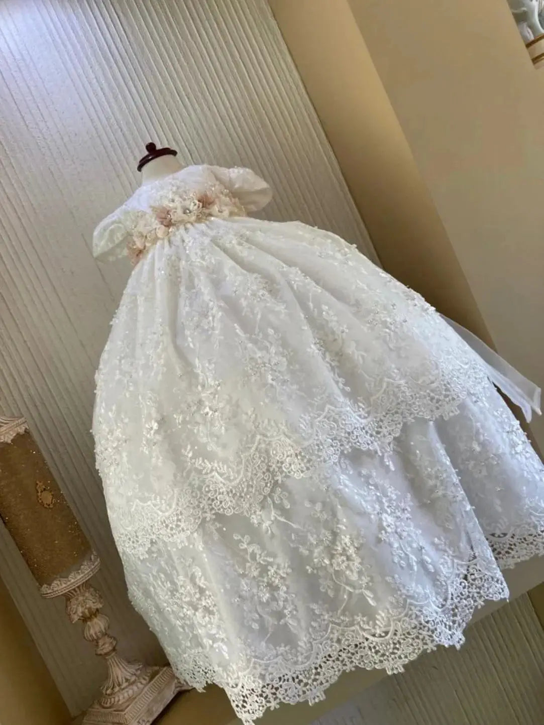 Lace Pearls Baptism Christening Gown Outfit Baby Girls Party Birthday Gown Wedding Flower Girl Dress
