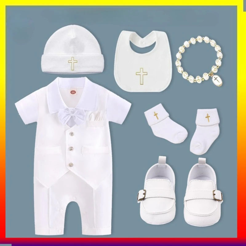 White Christening Baby Clothes for Boy Outfit Gentleman SuitsBow Tie Romper Infant Newborn Bodysuits Newborn Photography Romper