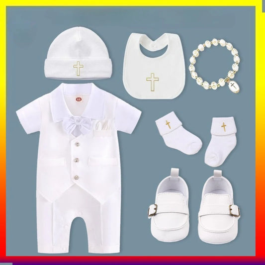White Christening Baby Clothes for Boy Outfit Gentleman SuitsBow Tie Romper Infant Newborn Bodysuits Newborn Photography Romper