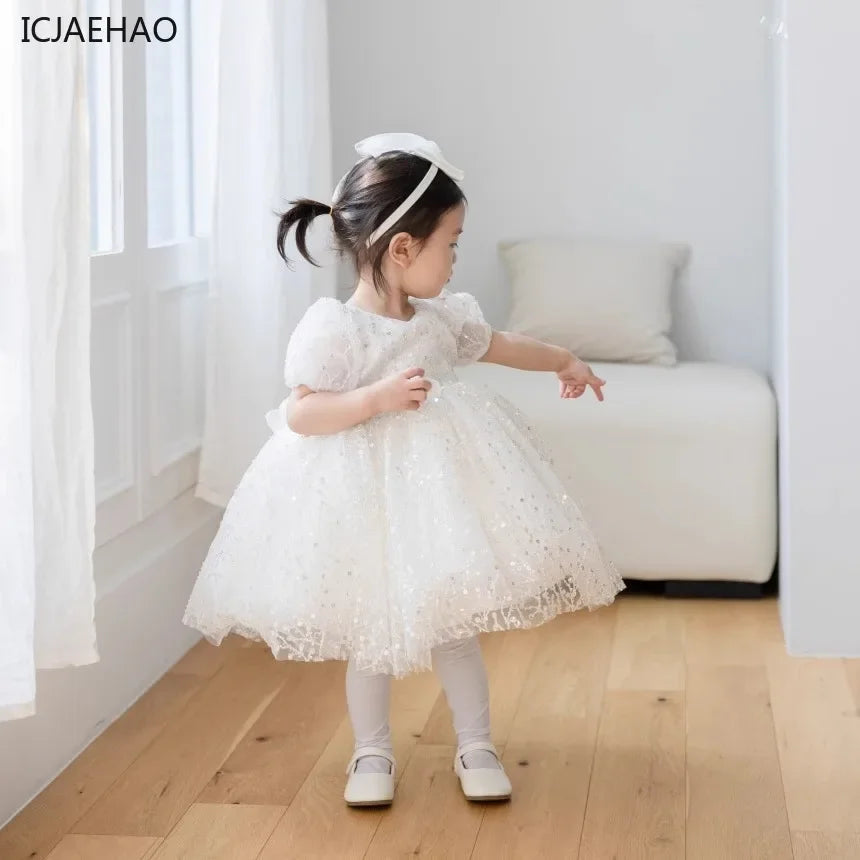 Girl's White Wedding Party Princess Sequins Dresses Kids VestidosTutu Dress, Elegant Princess Dress for Flower Girl Birthday