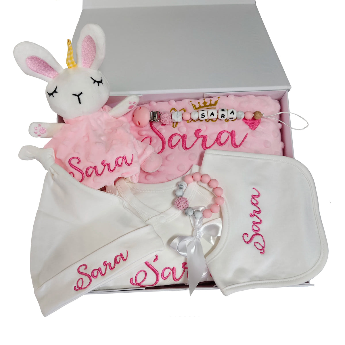 Personalized 6PCS Baby Birthday Gifts Set for Newborn Boy and Girl Custom Baby Security Blanket Onesie Bib Beanie Pacifier Clip