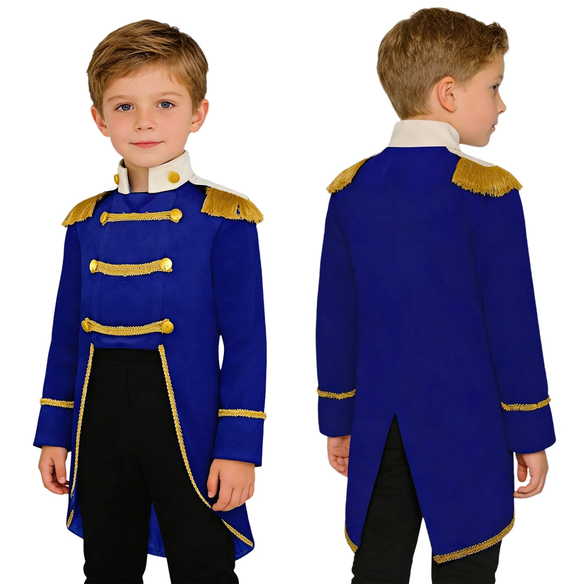 Boys Halloween Prince King Knight Costume Long Sleeve Gold Fringe Velvet Tailcoat Theme Party Royal Court Role Play Clothes