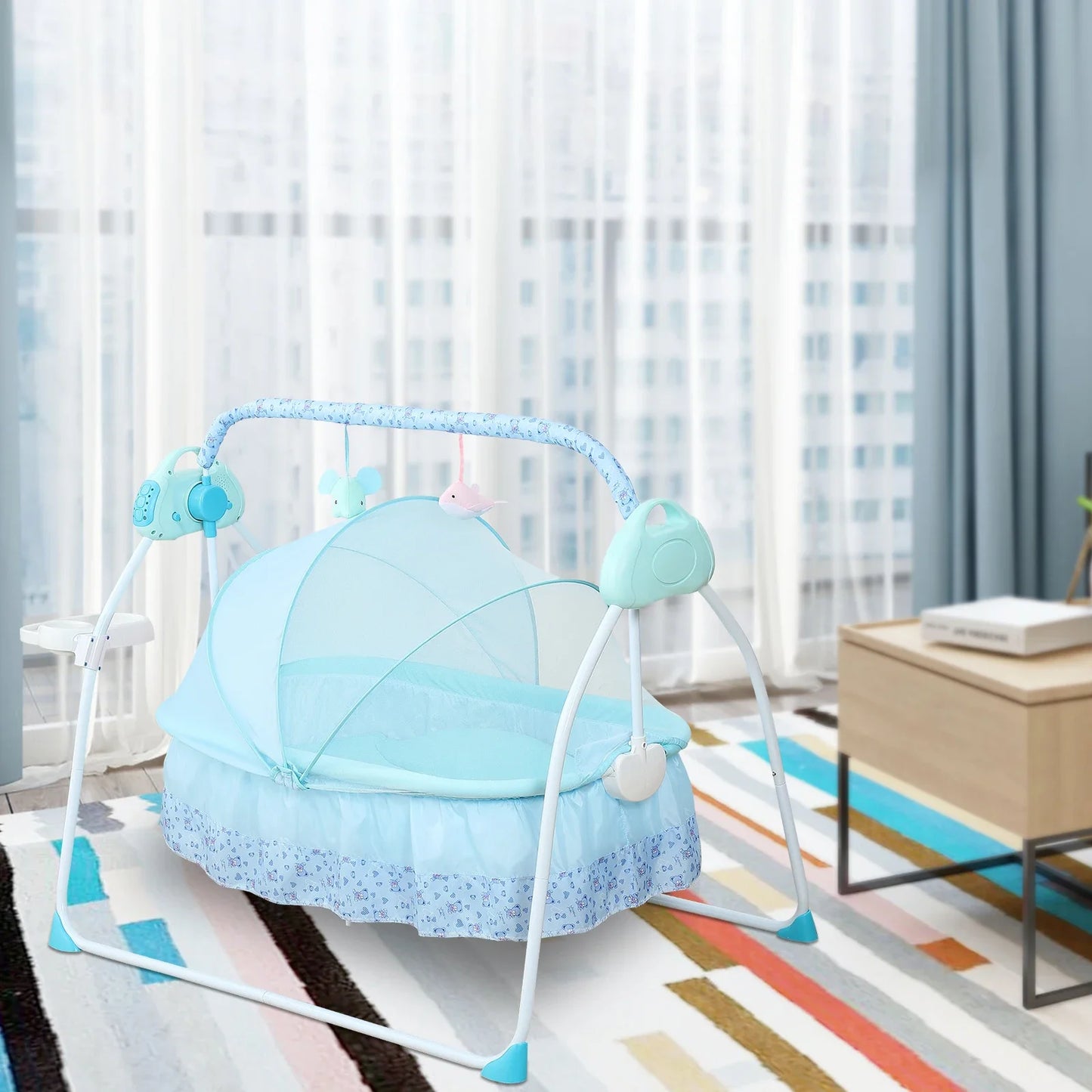 0-18 MonthsInfant Bed Auto Swing with Music, 25KG/55LBS Capacity, Electric Baby Crib Cradle, Foldable Baby Bassinet, (Blue)
