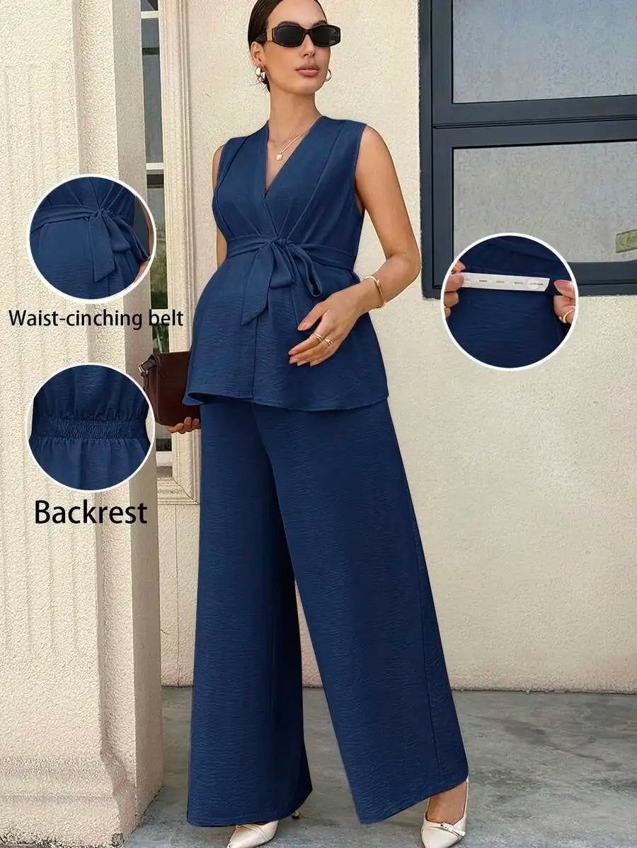 Maternity Two Piece Set Sleeveless Top With Belt And Wide Leg Pants Summer Elegant Outfit