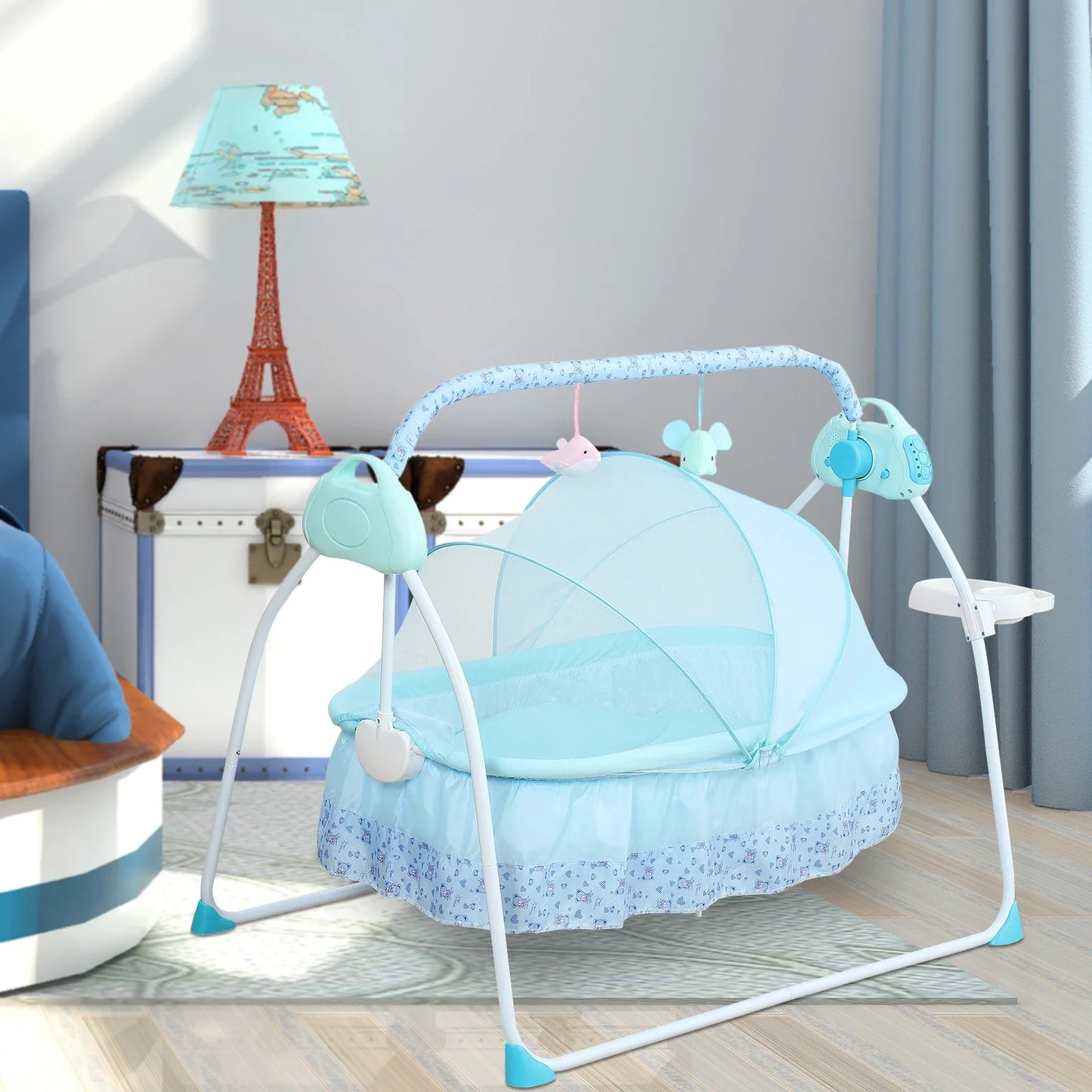 0-18 MonthsInfant Bed Auto Swing with Music, 25KG/55LBS Capacity, Electric Baby Crib Cradle, Foldable Baby Bassinet, (Blue)