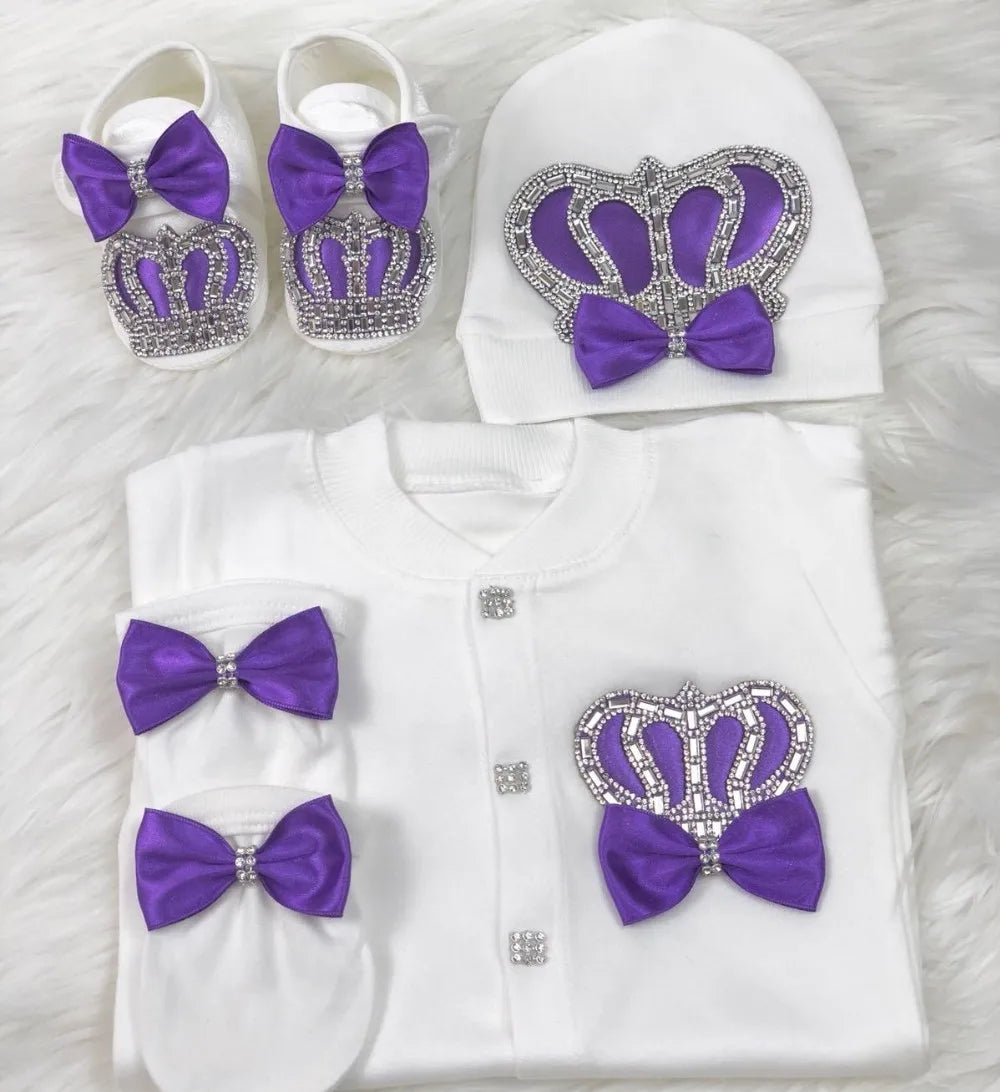 Dollbling Newborn Set Baby's Sets Rhinestone Crown 0-3 Months Hat+Bodysuits+Gloves+Shoes 4 Parts Boy Girl Jumpsuit Clothing