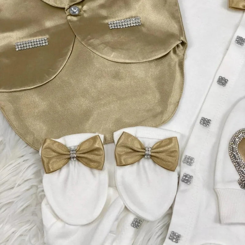 Baby Christening Baptism Prince Suit Newborn 0-9 Months 5Pcs White Antique Gold Satin Vest Crown Bow Formal Luxury Baby Outfit