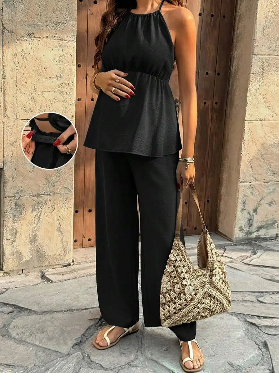 Maternity Two Piece Set Solid Color Halter Top And Adjustable Waist Wide Leg Pants Summer Casual Outfit