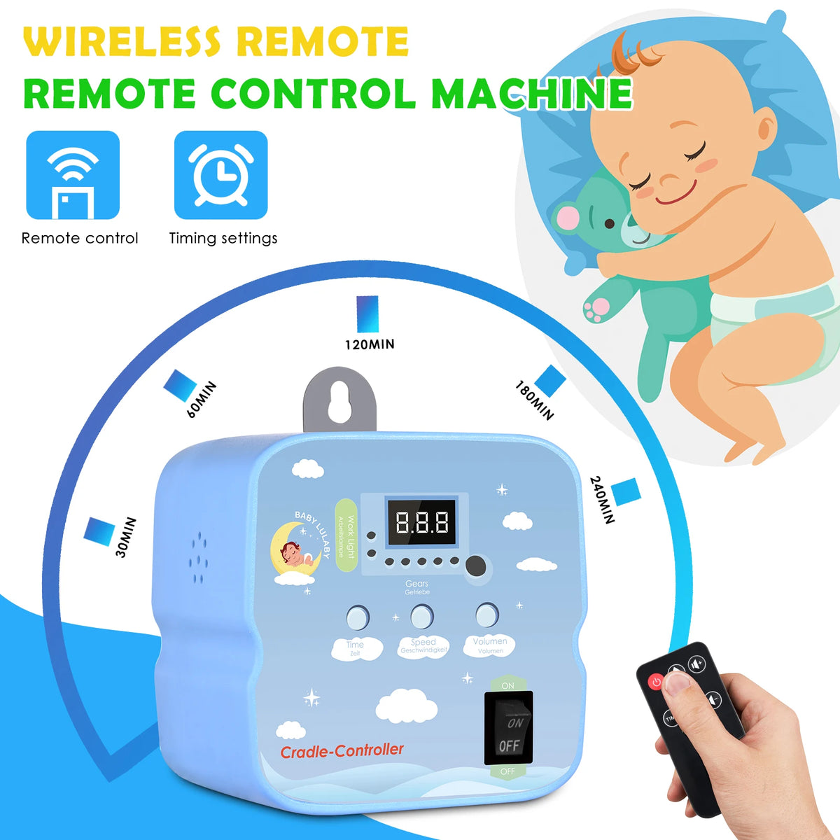 Electric Baby Swing Controller, 2-Piece Spring and Remote Control Motor Spring Cradle Adjustable Timer Up to 20kg  Baby Cradle