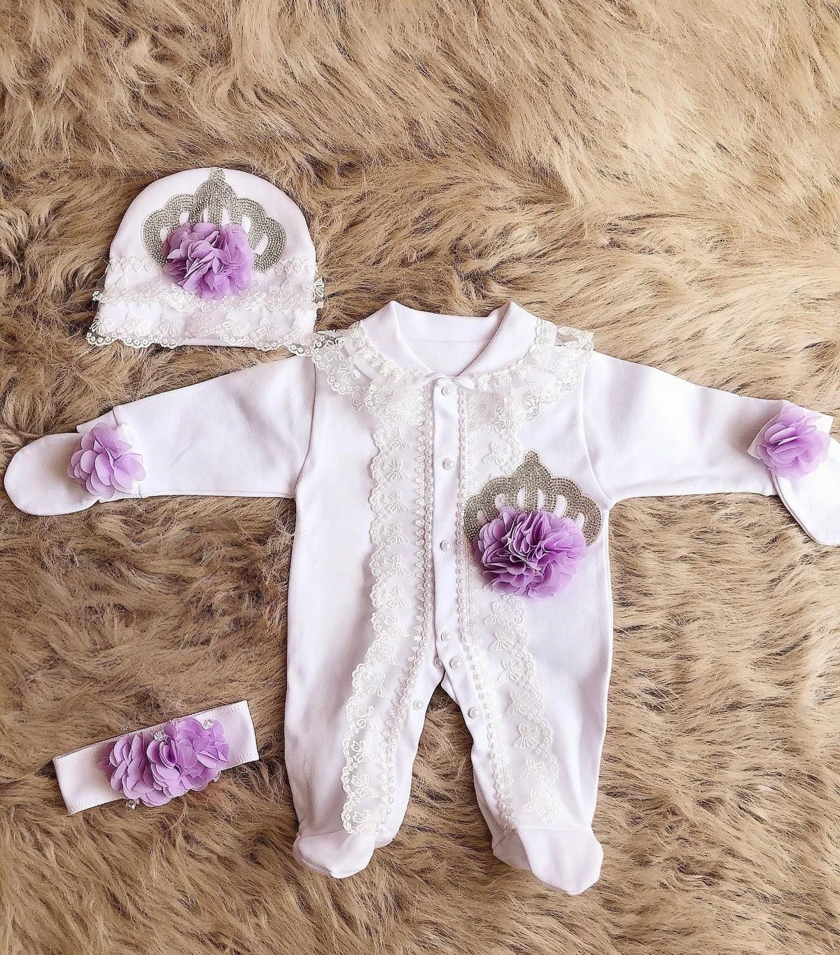 Dollbling Newborn Set Baby's Sets Rhinestone Crown 0-3 Months Hat+Bodysuits+Gloves+Shoes 4 Parts Boy Girl Jumpsuit Clothing