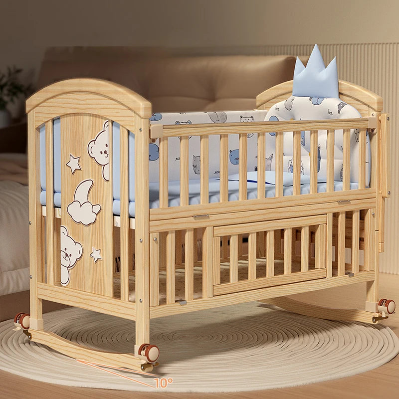 Wood Baby Crib with Diaper Table Newborn Baby Bed Multifunctional Baby Rocking Bed with Wheels and Mosquito Net