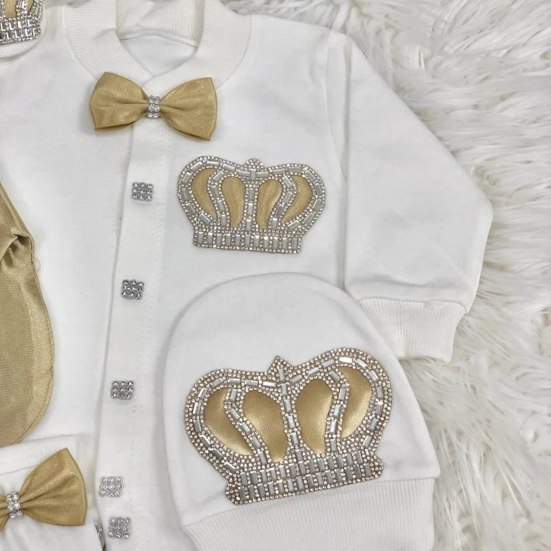 Baby Christening Baptism Prince Suit Newborn 0-9 Months 5Pcs White Antique Gold Satin Vest Crown Bow Formal Luxury Baby Outfit