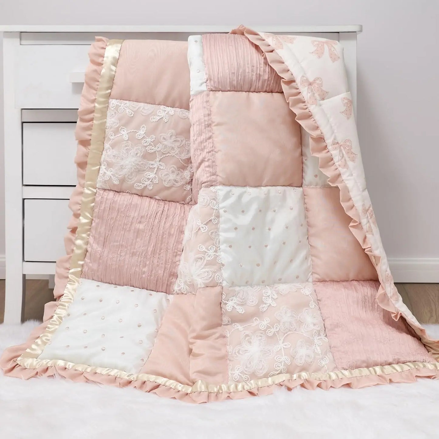 3 Piece Baby Crib Bedding Set for Girls - Cotton Fitted Sheet, Dust Ruffle, Comforter - Pink Floral Nursery Decor, Newborn to Toddler
