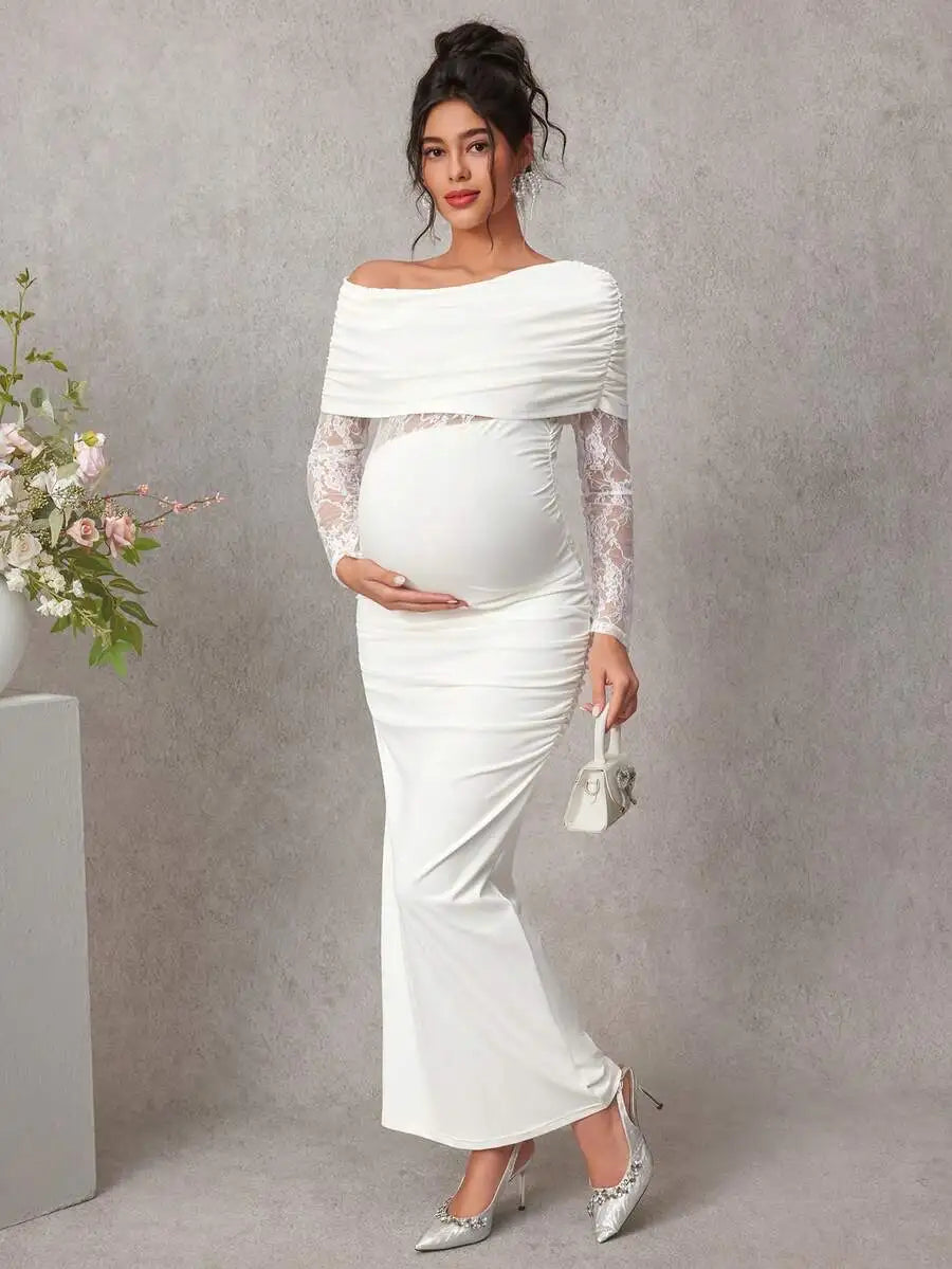 Maternity Lace Patchwork White Long Sleeve Fitted Dress For Pregnant Women Spring Autumn