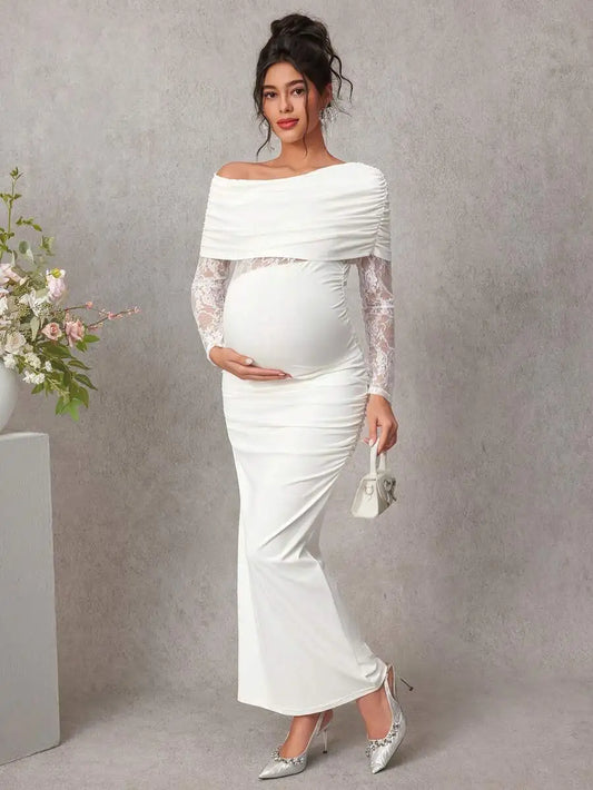 Maternity Lace Patchwork White Long Sleeve Fitted Dress For Pregnant Women Spring Autumn