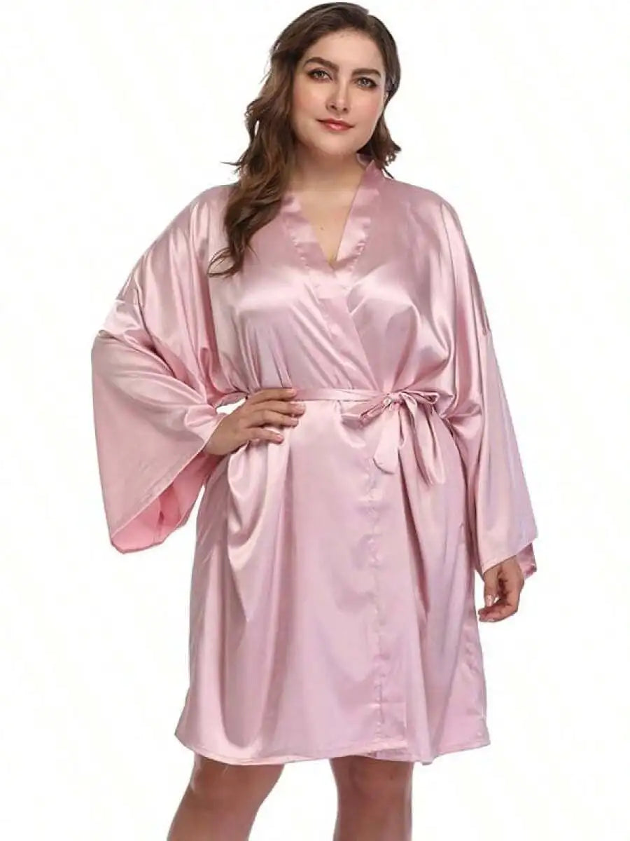 Women Plus Size Short Satin Kimono Robe Sleepwear Silky Dressing Gown