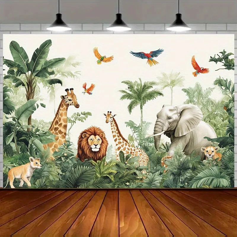 Jungle Safari Animal Tapestry Wall Hanging Tropical Forest Decor Canvas Print Realistic Giraffe Lion Elephant Nursery Room