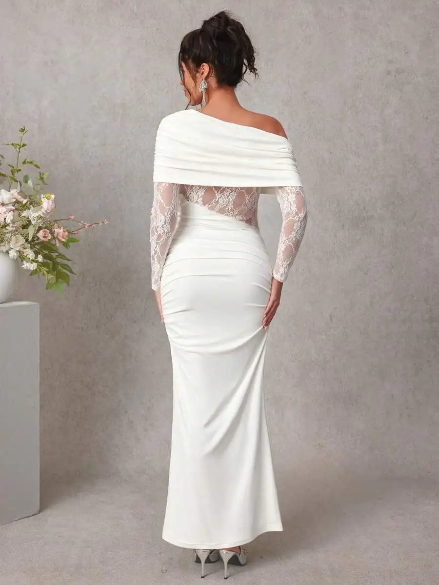 Maternity Lace Patchwork White Long Sleeve Fitted Dress For Pregnant Women Spring Autumn