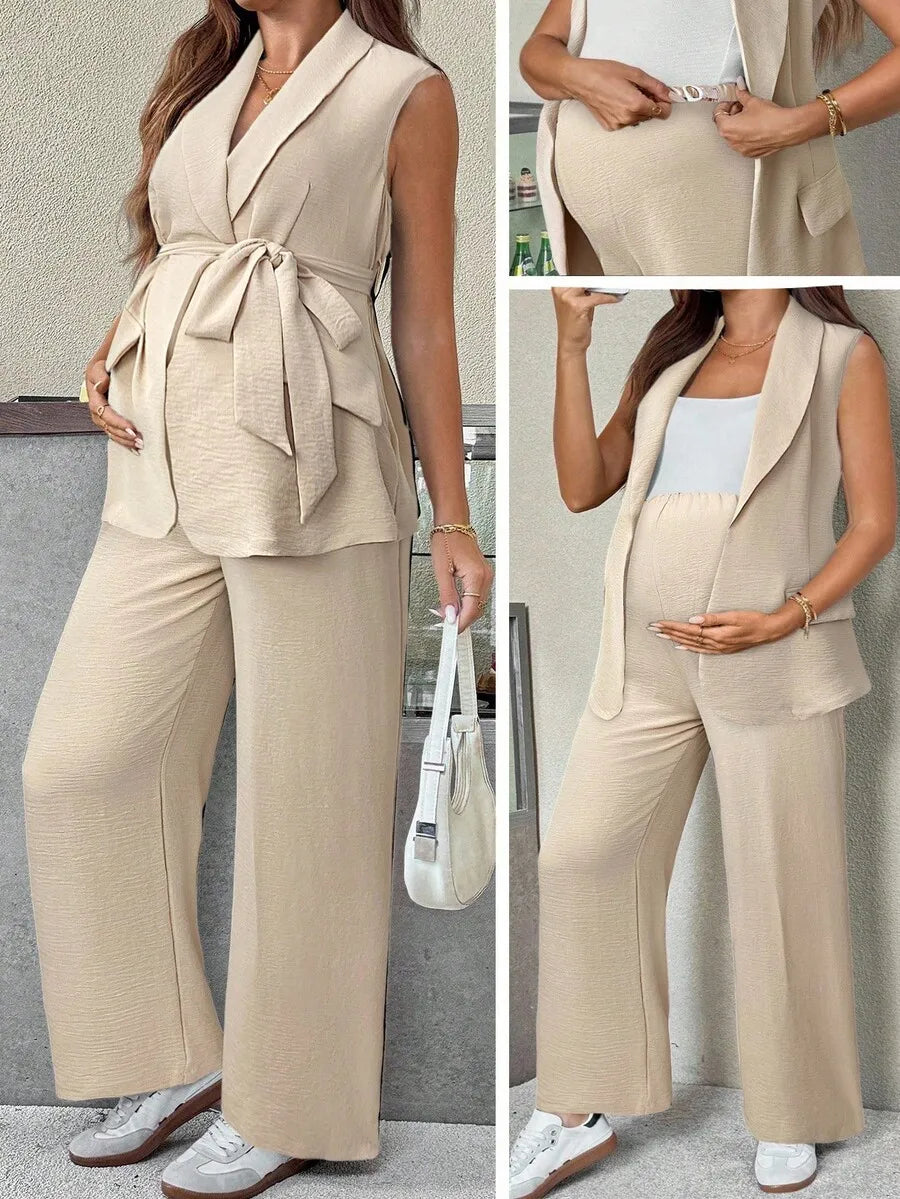Solid Color Belted Vest Blazer And Wide Leg Pants Two Piece Set Maternity Business Casual Outfit
