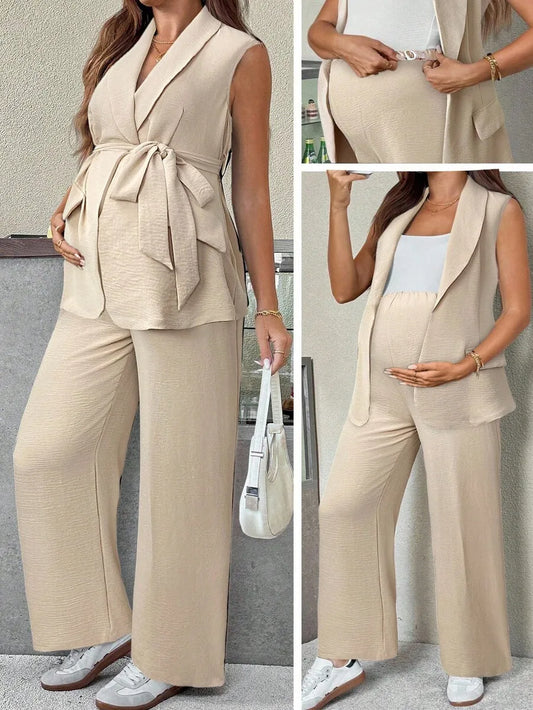 Solid Color Belted Vest Blazer And Wide Leg Pants Two Piece Set Maternity Business Casual Outfit