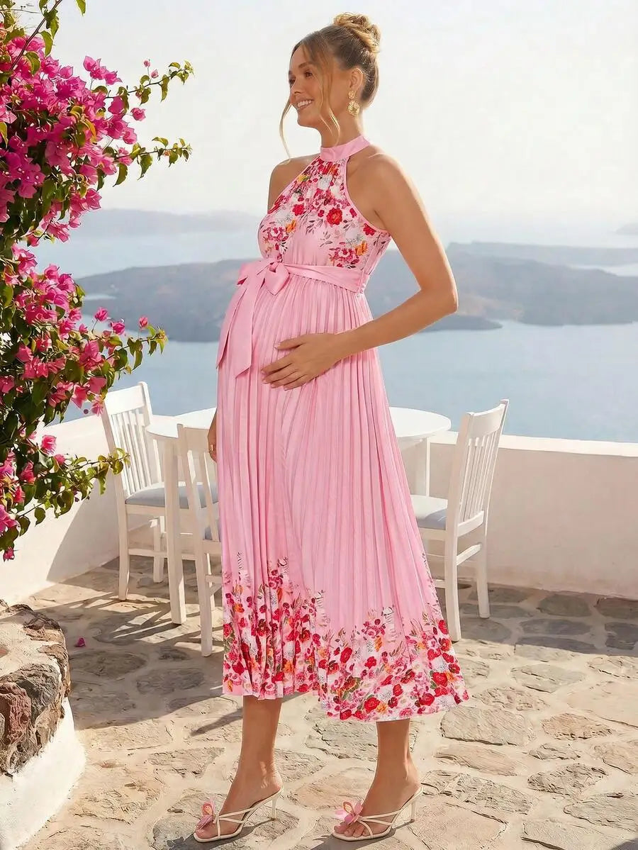 Elegant Floral Print Halter Pleated Maternity Dress For Summer