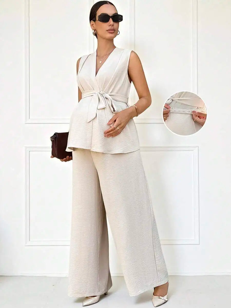 Maternity Two Piece Set Sleeveless Top With Belt And Wide Leg Pants Summer Elegant Outfit