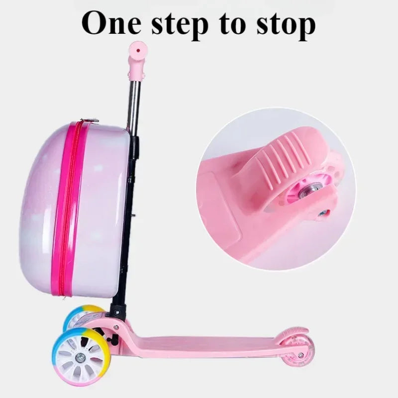 Scooter Suitcase Folding Kids Luggage 16 Inch Hardshell Ride On with Wheels 2-in-1 Large Capacity Traveling Gift for Boys Girls
