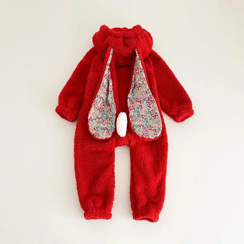 Warm Fleece Baby Rabbit Romper for Autumn Spring Newborn Hooded Pajamas Jumpsuits Toddler Plush Homewear Clothes