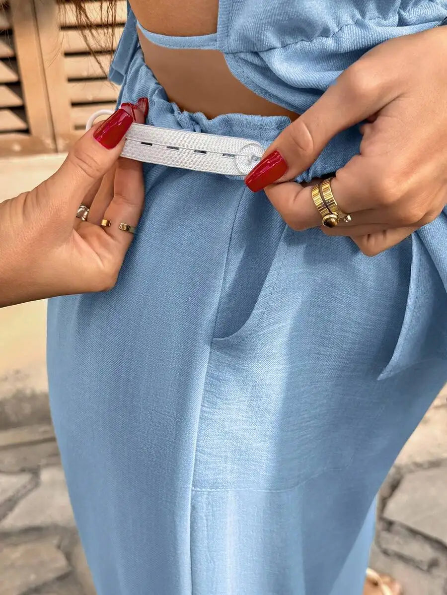 Maternity Two Piece Set Solid Color Halter Top And Adjustable Waist Wide Leg Pants Summer Casual Outfit
