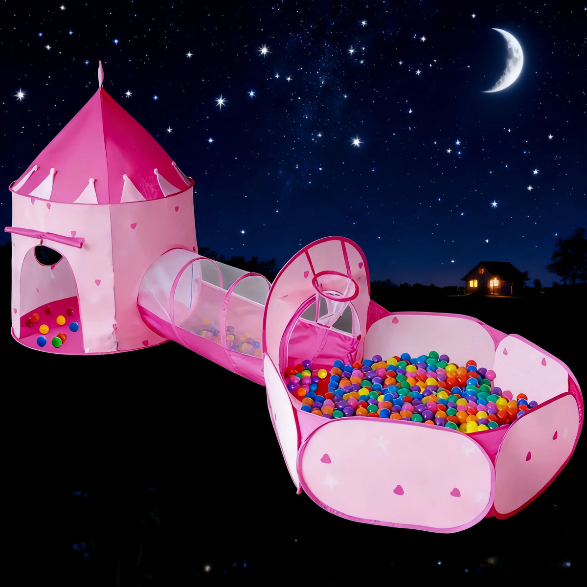 3 in 1 Kids Tent House Portable Castle Play Toy with Tunnel & Ocean Ball Pool child Pit Foldable Indoor Outdoor Baby Playhouse