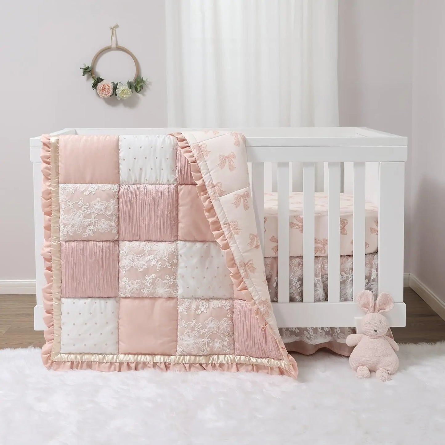 3 Piece Baby Crib Bedding Set for Girls - Cotton Fitted Sheet, Dust Ruffle, Comforter - Pink Floral Nursery Decor, Newborn to Toddler