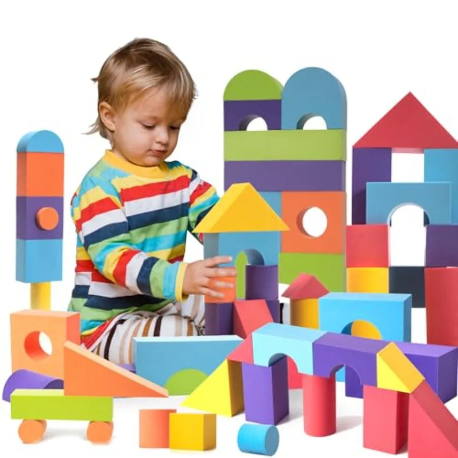 Set of 34 Large Foam Blocks for Toddlers - Stacking Soft Blocks for with Shapes and Colors Learning - Construction Building Pre