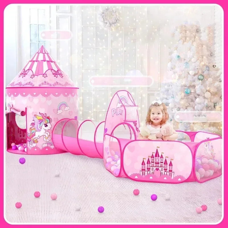 3 in 1 Kids Tent House Portable Castle Play Toy with Tunnel & Ocean Ball Pool child Pit Foldable Indoor Outdoor Baby Playhouse