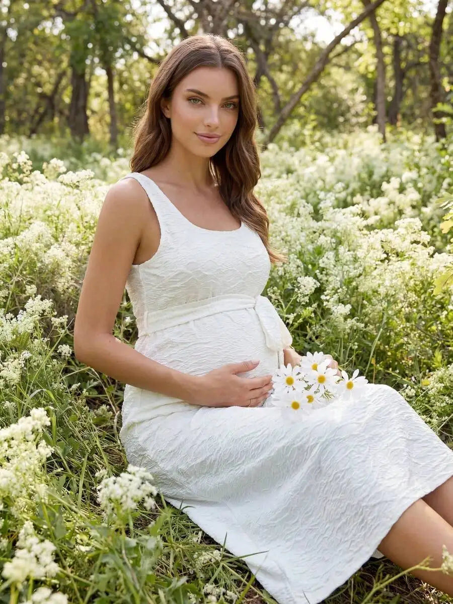 White Bohemian Maternity Midi Dress Sleeveless Textured Summer Elegant Dress For Photoshoot Baby Shower