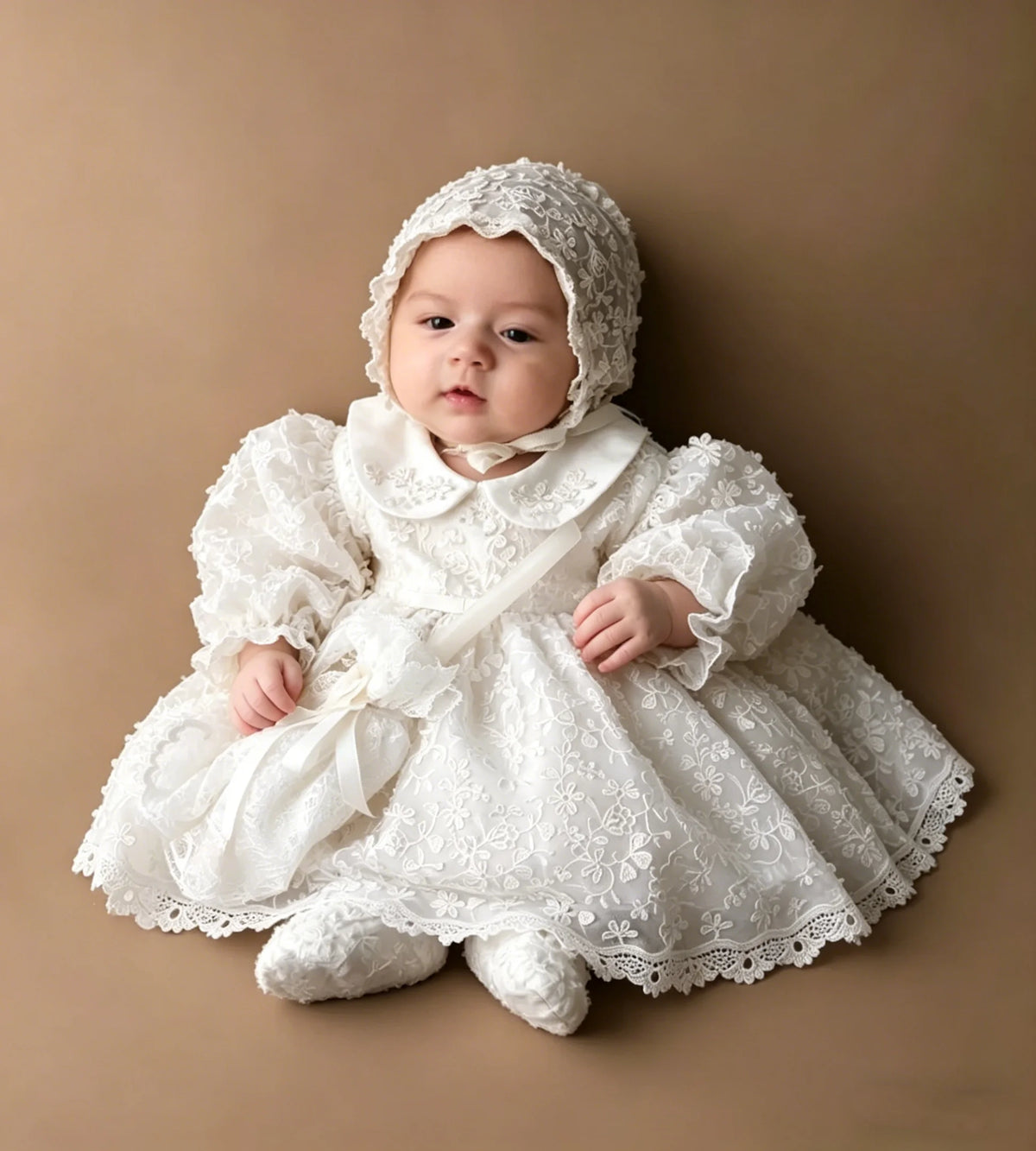 Luxury Christening Gowns for Baby Lace Appliqued Full Sleeves First Communion Dresses Infant Toddler Girls Baptism Dresses