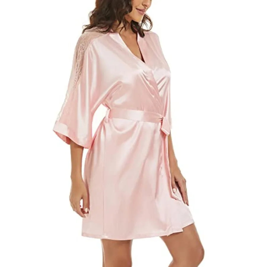 Women's Silk Pajama Sets Satin Robe with Nightgown 2 Pcs Sleepwear Sexy Lace Cami Nightwear Kimono Bridesmaid Robes