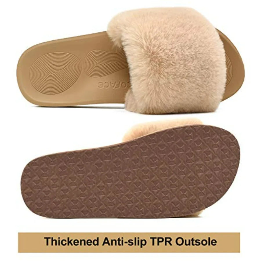 COFACE Fuzzy Womens Slippers with Arch Support Open Toe Orthopedic Fur Slipper Indoor Outdoor