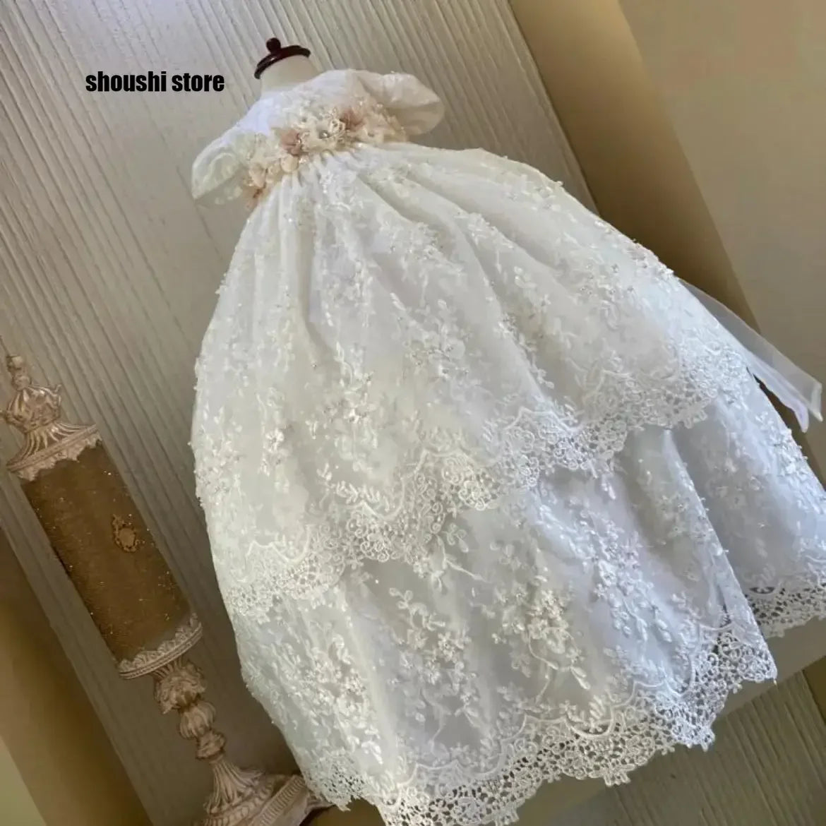 Lace Pearls Baptism Christening Gown Outfit Baby Girls Party Birthday Gown Wedding Flower Girl Dress