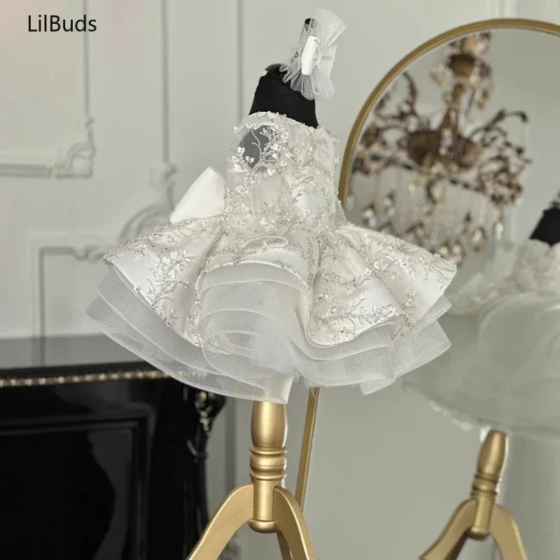 Children's Princess Elegant Dress for Girl Costume New Baby Kid Long Sleeve Silver Grey Handmade Decal Girls Puffy Party Clothes