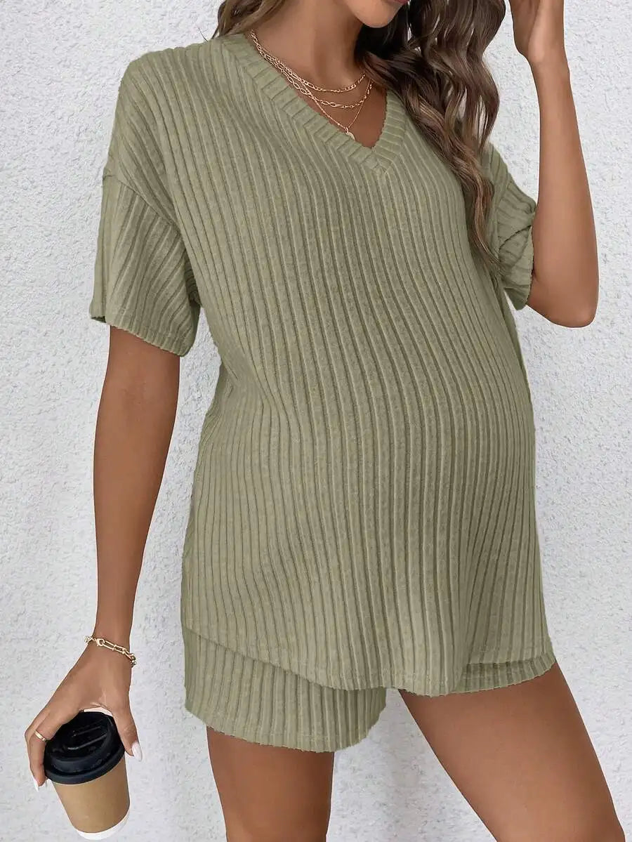 Casual V-Neck Short Sleeve Ribbed Maternity Top And Shorts Set Adjustable Waist