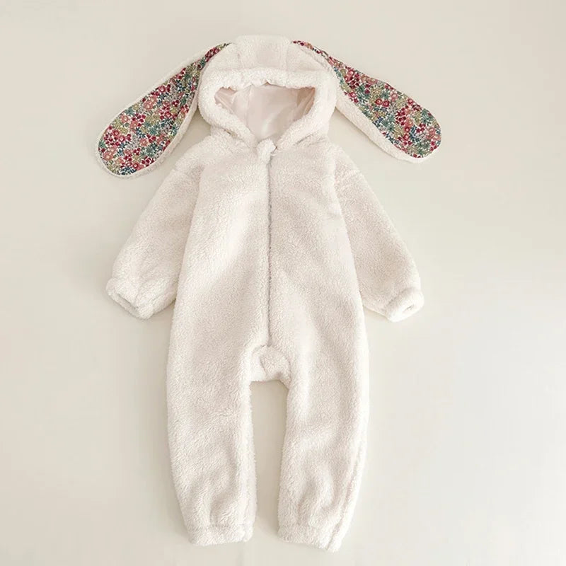 Warm Fleece Baby Rabbit Romper for Autumn Spring Newborn Hooded Pajamas Jumpsuits Toddler Plush Homewear Clothes