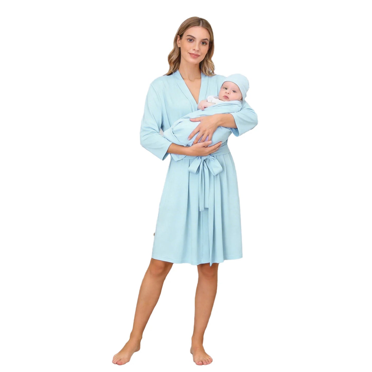 Maternity Robe And Baby Receiving Blanket Long Sleeve Belted Mommy Labor Delivery Robe with Swaddle Headband Set Hospital Outfit
