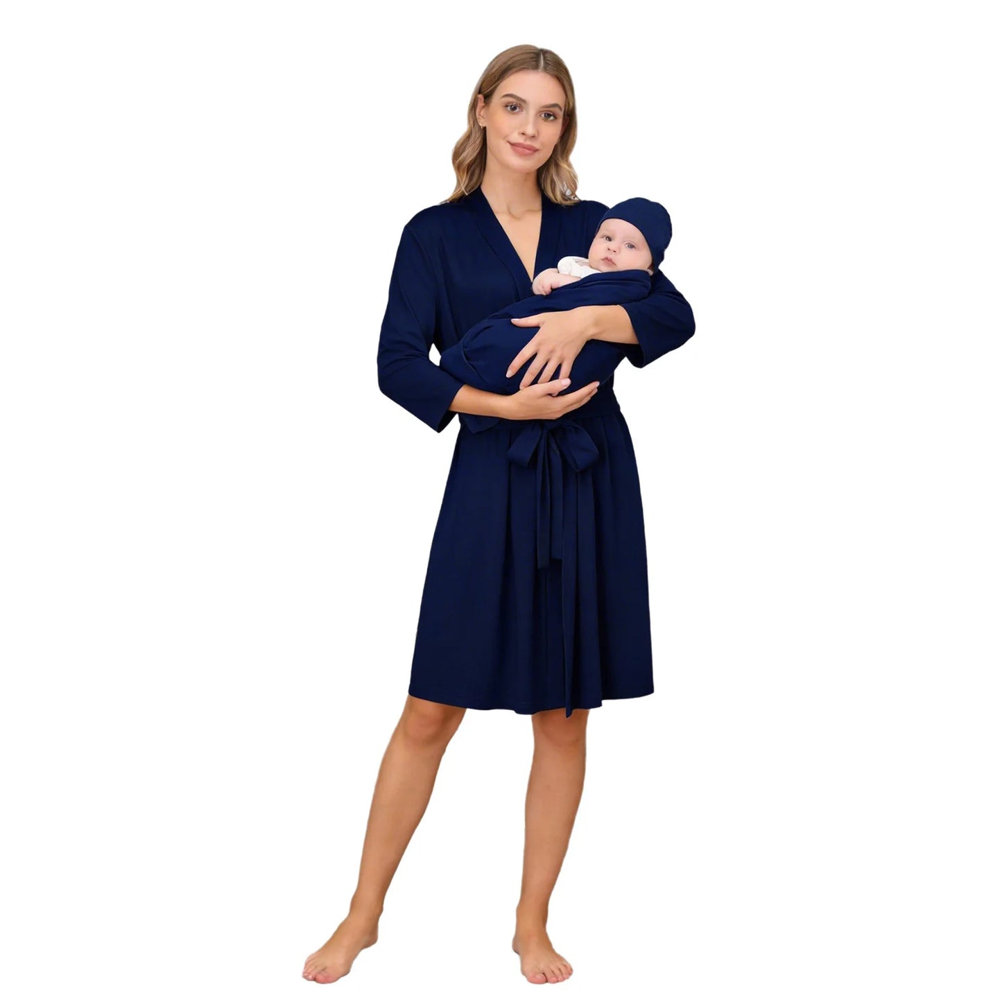 Maternity Robe And Baby Receiving Blanket Long Sleeve Belted Mommy Labor Delivery Robe with Swaddle Headband Set Hospital Outfit