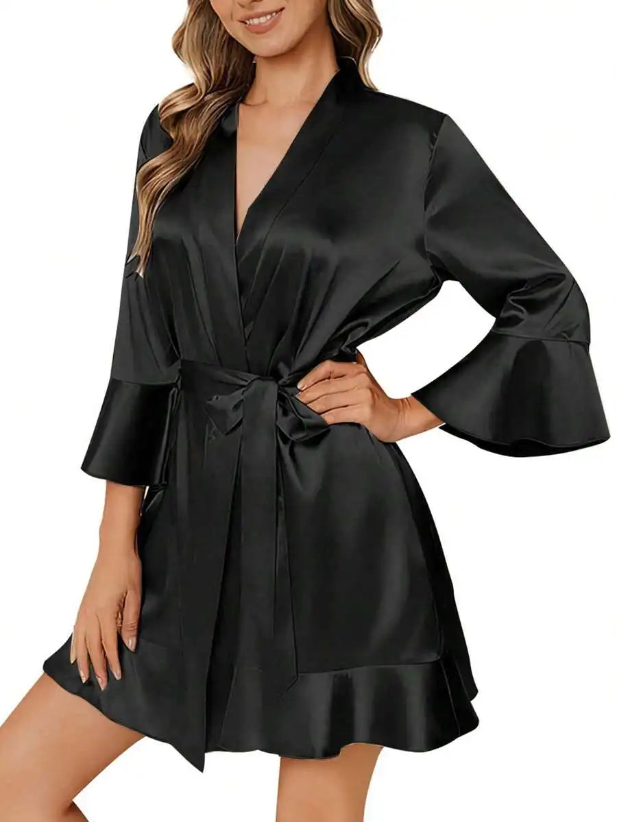 Women Satin Kimono Robe Silky Bathrobe Summer Loungewear Sleepwear