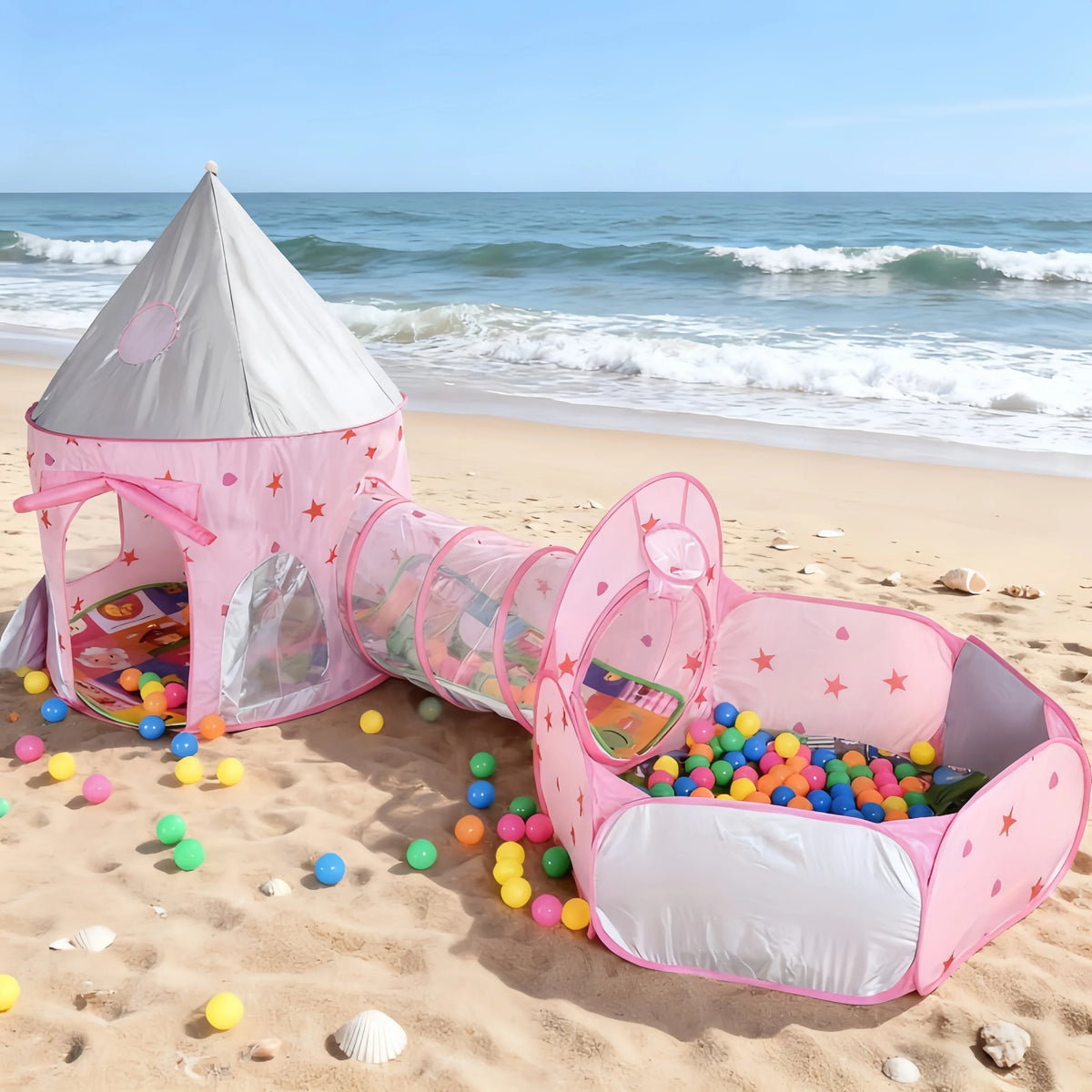 3 in 1 Kids Tent House Portable Castle Play Toy with Tunnel & Ocean Ball Pool child Pit Foldable Indoor Outdoor Baby Playhouse