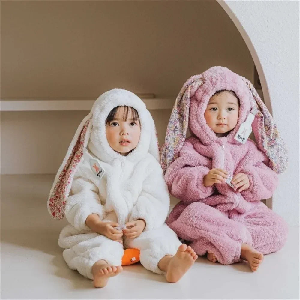 Warm Fleece Baby Rabbit Romper for Autumn Spring Newborn Hooded Pajamas Jumpsuits Toddler Plush Homewear Clothes