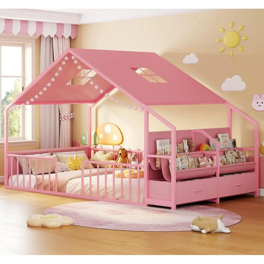 Montori Style Toddler Bed with Safety Guardrails, Sling Bookshelves, and Storage Drawers for Kids' Bedroom, Nursery, or Playhous