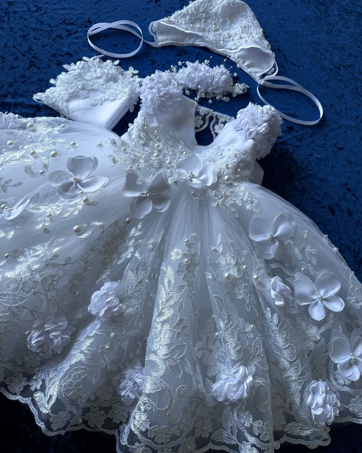 Cute Lace Baptism Christening Gown With Bonnet Outfit Baby Girls White Party Birthday Gown Wedding 3D Flower Girl Dress