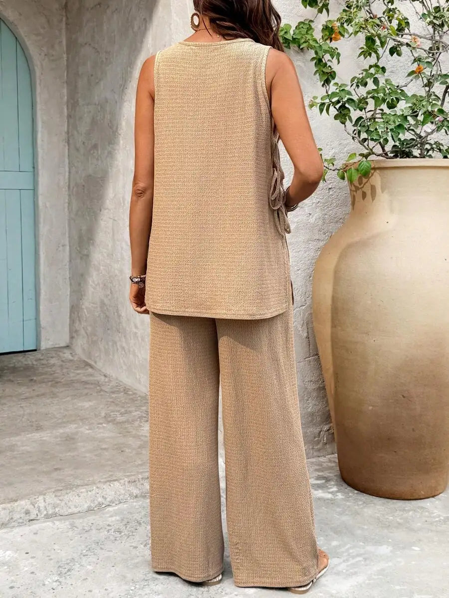 2pcs Solid Color Round Neck Twist Front Top And Adjustable Waist Wide Leg Pants Set