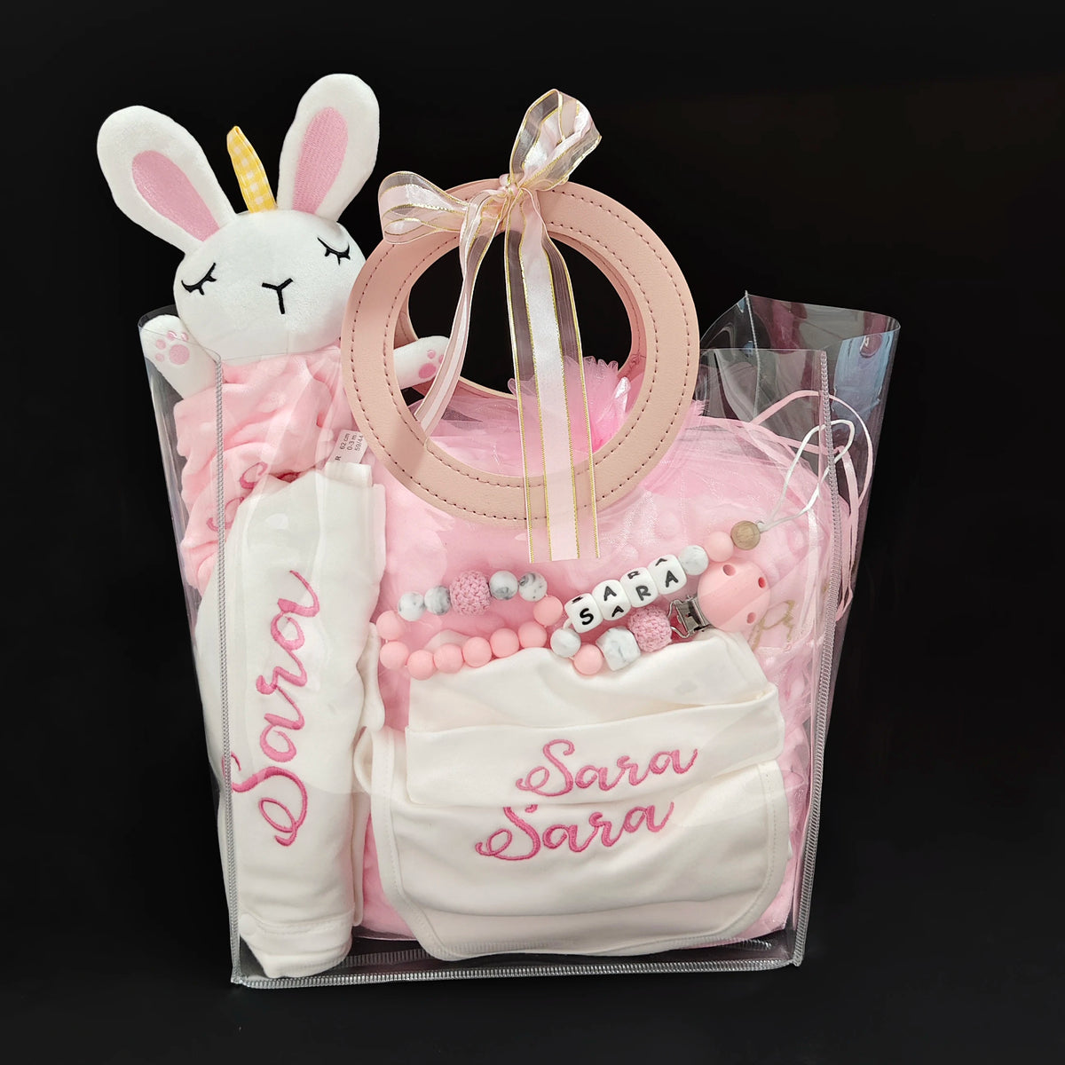 Personalized 6PCS Baby Birthday Gifts Set for Newborn Boy and Girl Custom Baby Security Blanket Onesie Bib Beanie Pacifier Clip
